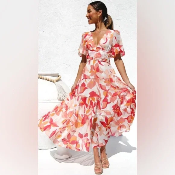 (H1) Ruffle Tiered› Orange floral maxi dress with V-neckline, size XL - Picture 4 of 15